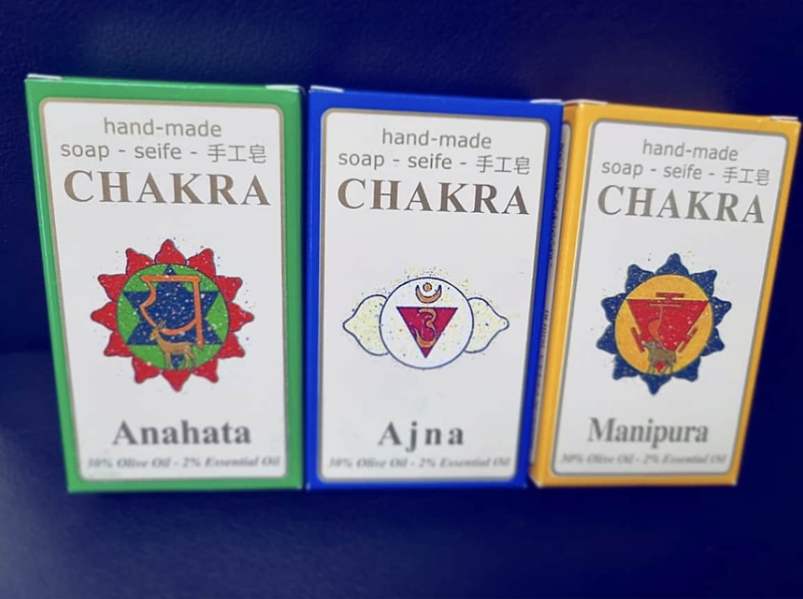 Photo of three boxes with different varieties of Chakra soap: Anahata, Ajna and Manipura