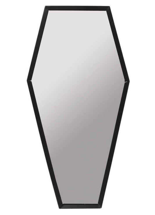 Coffin shaped mirror with a black border.