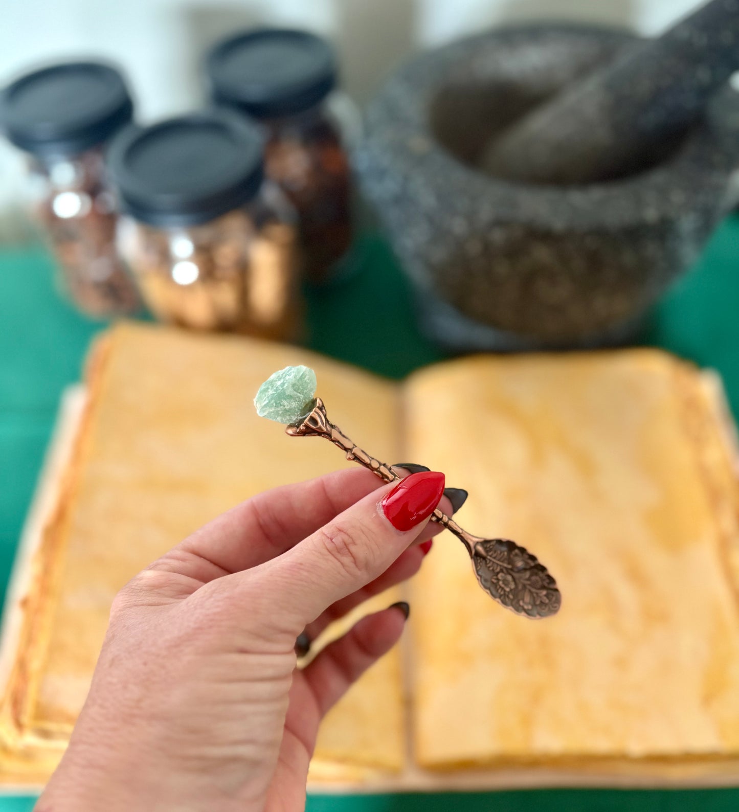 Set of 7 Bronze Gemstone Spoons.