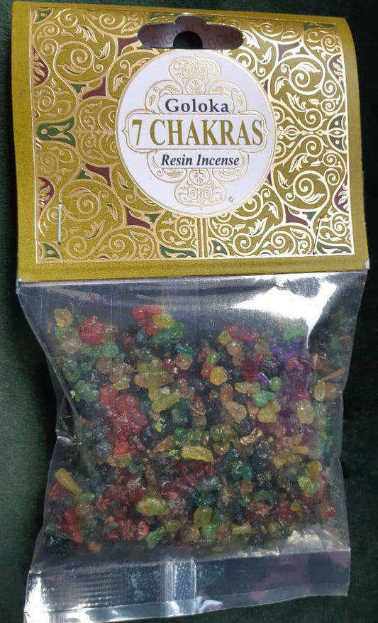 Photo of a packet of multicoloured 7 chakras resin incense.