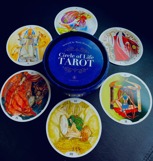 Photo of six circular tarot cards laid around the circular box for the Circle of Life tarot.