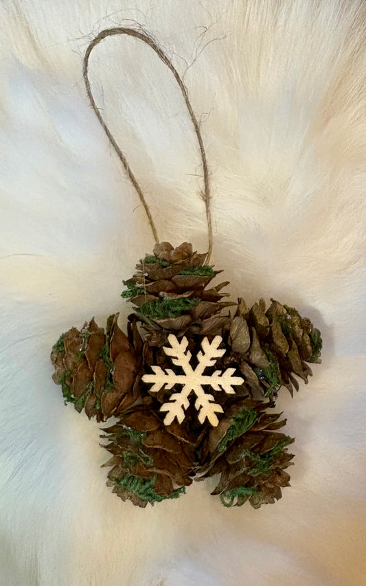 3 Pack of Mini Pine Cone Star Tree Decorations.