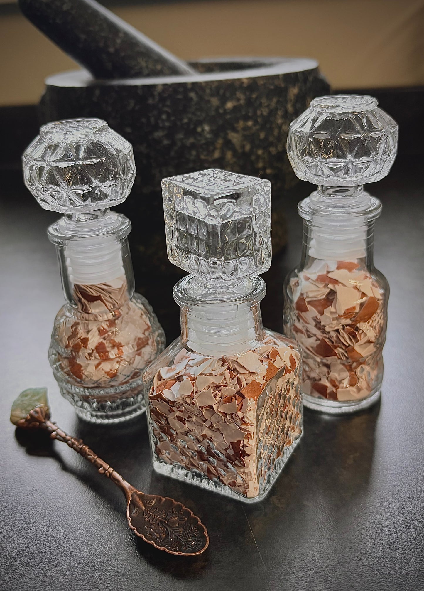 Mini Apothecary Glass Bottles with Egg Shells & Crystal Spoon.
