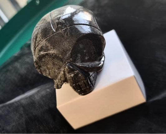 Photo of a black soapstone skull sitting atop a small white box.