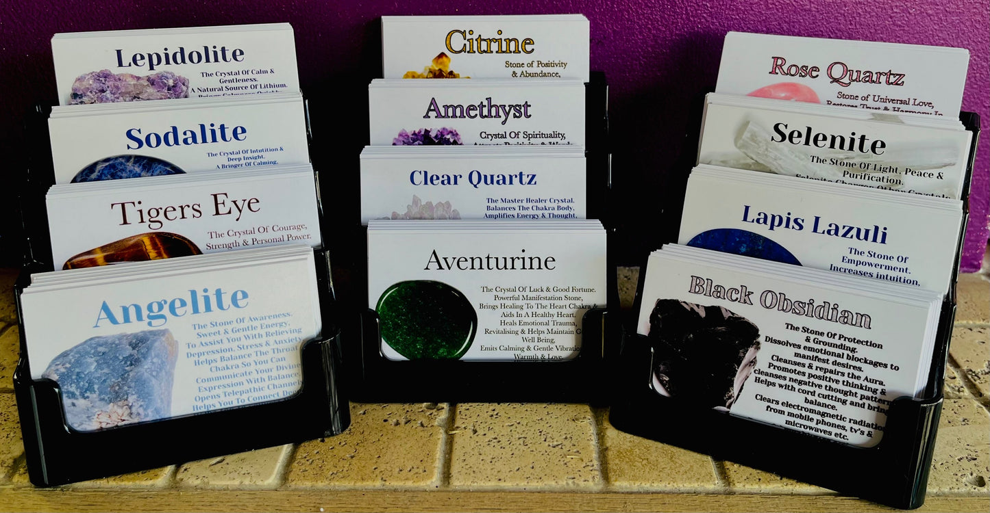 Photo showing card racks with small cards with information about types of crystals.