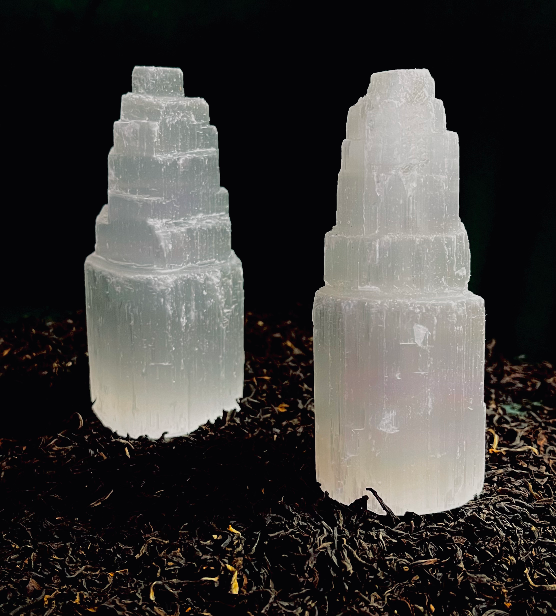 Photo of two selenite mountains.