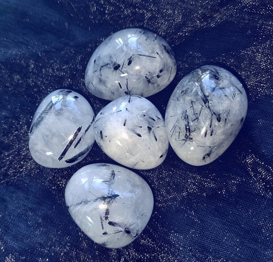 Photo of a five tourmalinated quartz polished stones.